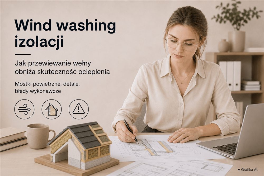 Wind washing izolacji – kobieta analizująca projekt domu i model ocieplenia